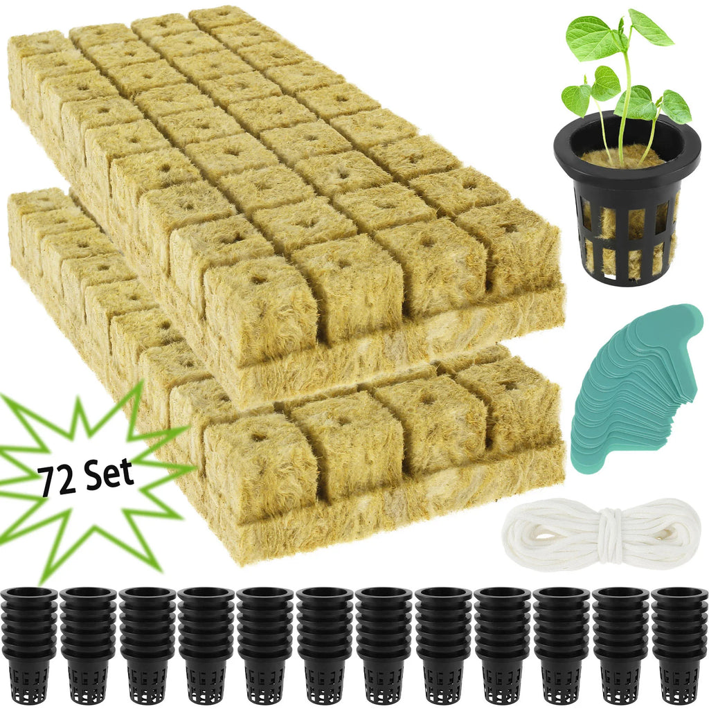 72 Set Stonewool Cubes Hydroponic Grow Media Cubes 1.5inch Soilless Substrate Seeded Rock Garden Tools with 72 Net Cups 30 Label