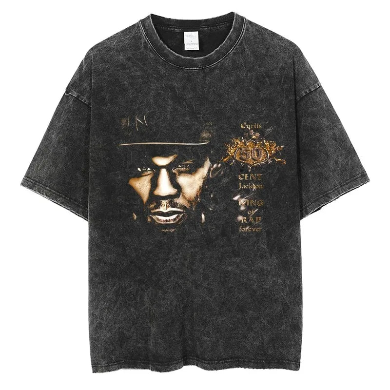 Hip Hop Streetwear T Shirt with 50 Cent Rapper Print Oversized Cotton Short Sleeve Tee for Men and Women