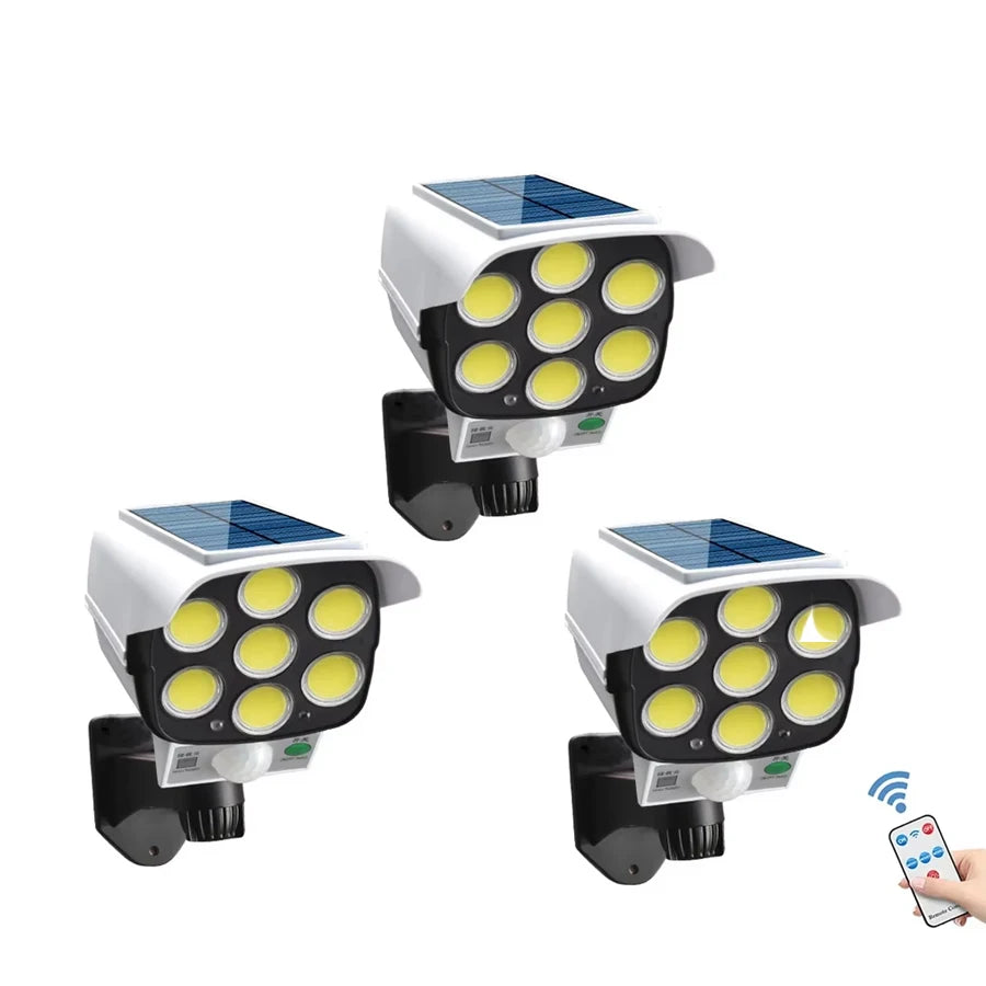 77LED Solar Light with Remote Control 3 Lighting Modes Dummy Camera Waterproof Spotlight Garage Courtyard Security Street Light