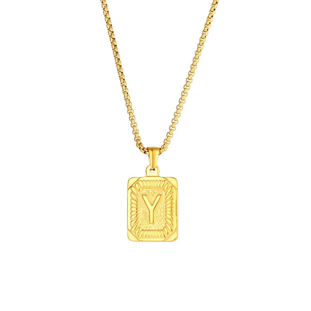2023 New Stylish Square Pendant Necklace Men's Stainless Steel Gold Plated Letter Necklace Initial Necklace For Women
