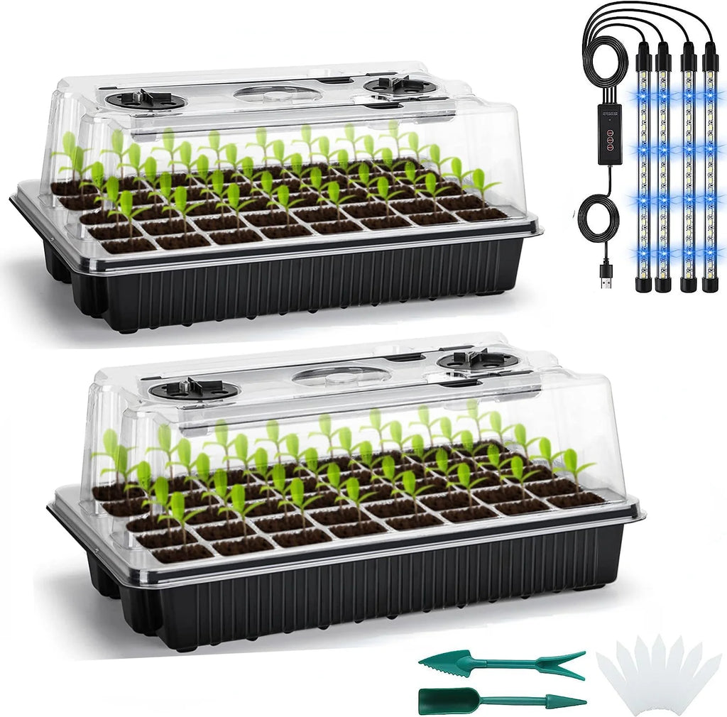 2 Packs, Seed Germination Tray Set, Equipped With High-Dome Seed Starter Kit - 80 Cells, 4 LED Grow Lights, Intelligent Timer An