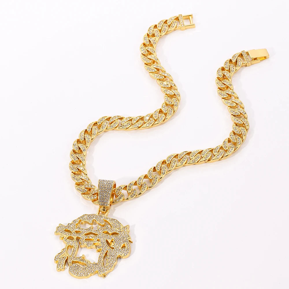 Jesus Christ Piece Head Face Pendant For Men Iced Out Shining Crystal Charm Necklace With Chain Hip Hop Jewelry