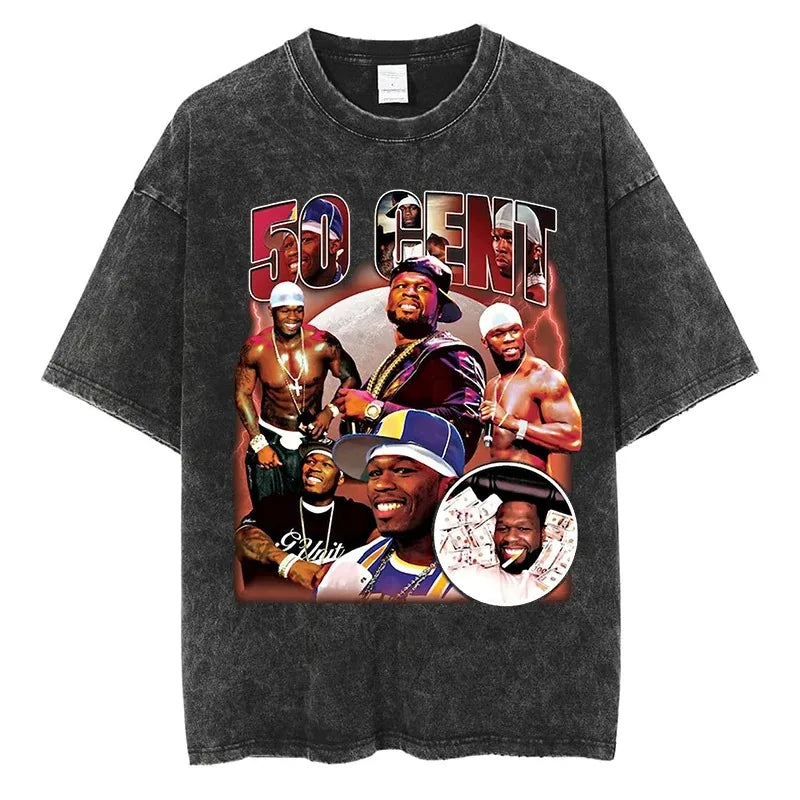 Hip Hop Streetwear T Shirt with 50 Cent Rapper Print Oversized Cotton Short Sleeve Tee for Men and Women