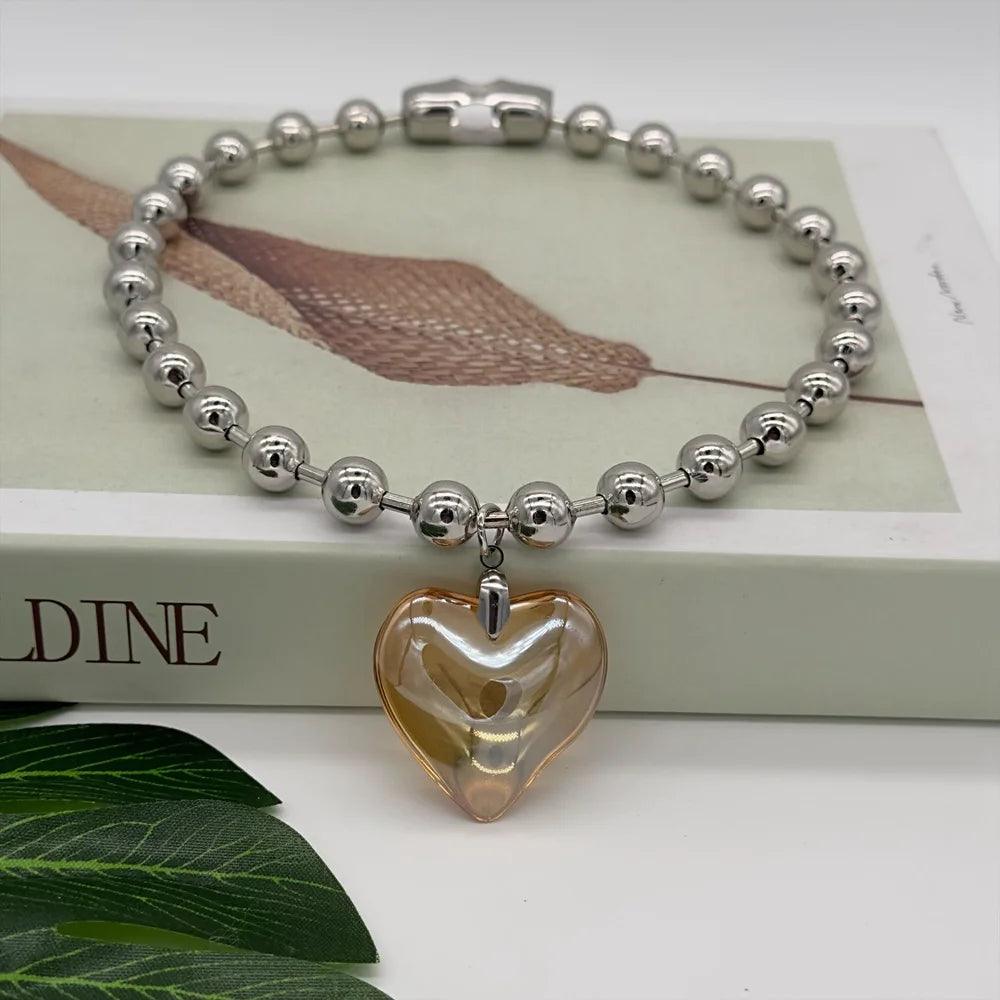 Grunge Fashion Glass Heart Pendant Necklace Y2K Oversize Ball Beads Chain Statement Choker Necklace for Women Club Punk Jewelry