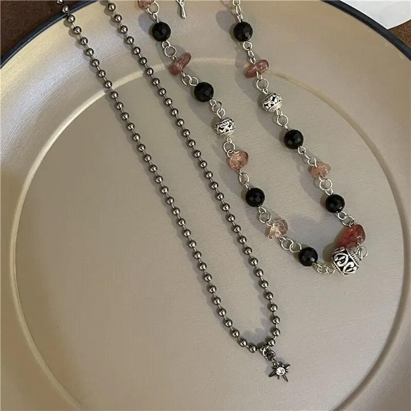 2 Pcs Vintage Peace Buckle Pendant Necklaces Natural Stone Beads Chains Choker Necklace Set Women Men Chinese Style Jewelry
