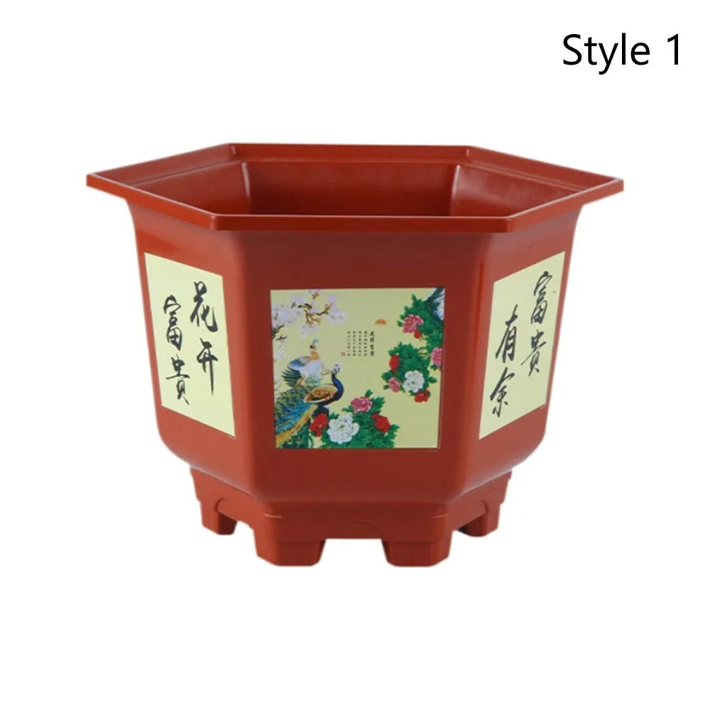 New Thickened Large-diameter Hexagonal Pot Imitation Purple Sand Printing Fruit Tree Rose Plastic Resin Potted Bonsai Flower Pot