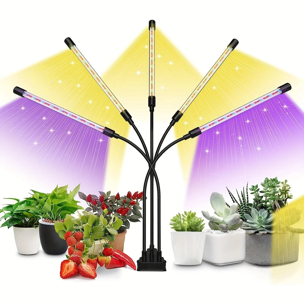 Five head indoor plant grow light, seed germination grow light, red, blue and yellow spectrum, 3/9/12H timer, dimmable.