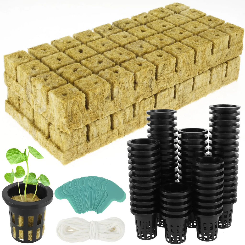 72 Set Rock wool Cubes for Hydroponics 1.5inch Rock Wool Planting Cubes Absorption Hydroponics Mesh Net Cup Kit for Home