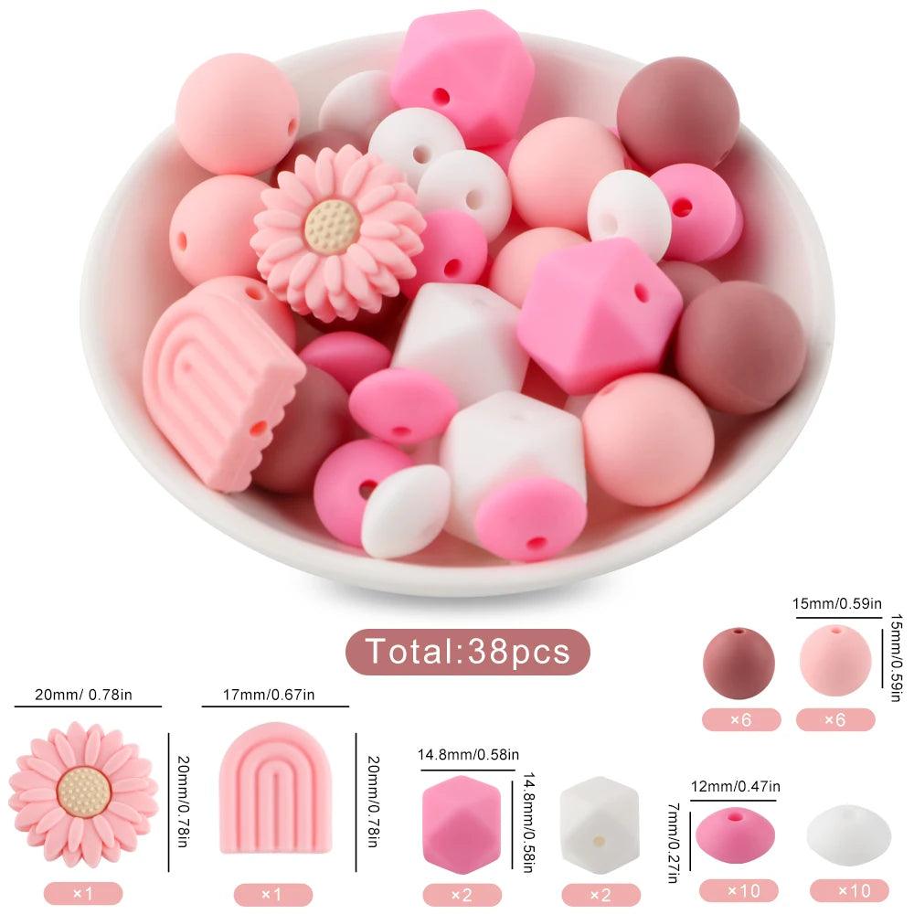 38Pcs/set Loose Silicone Beads Set Silicone Round Bead Hexagon Bead For Bracelet Necklace Jewelry Handmade Accessories