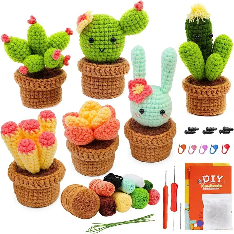 1 Set Beginner Crochet Kit Cactus Potted Plant Creative Crochet DIY Hand Knitting Flower Crochet Dolls Material Pack