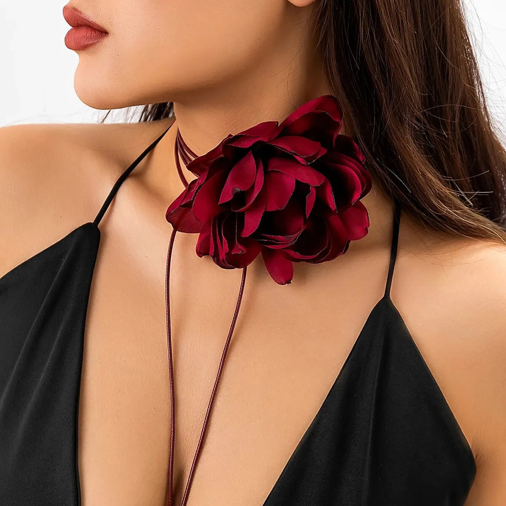 Exaggerated Romantic Big Rose Flower Clavicle Chain Necklace Women Kpop Adjustable Bowknot Rope Choker Jewelry Y2K Accessories