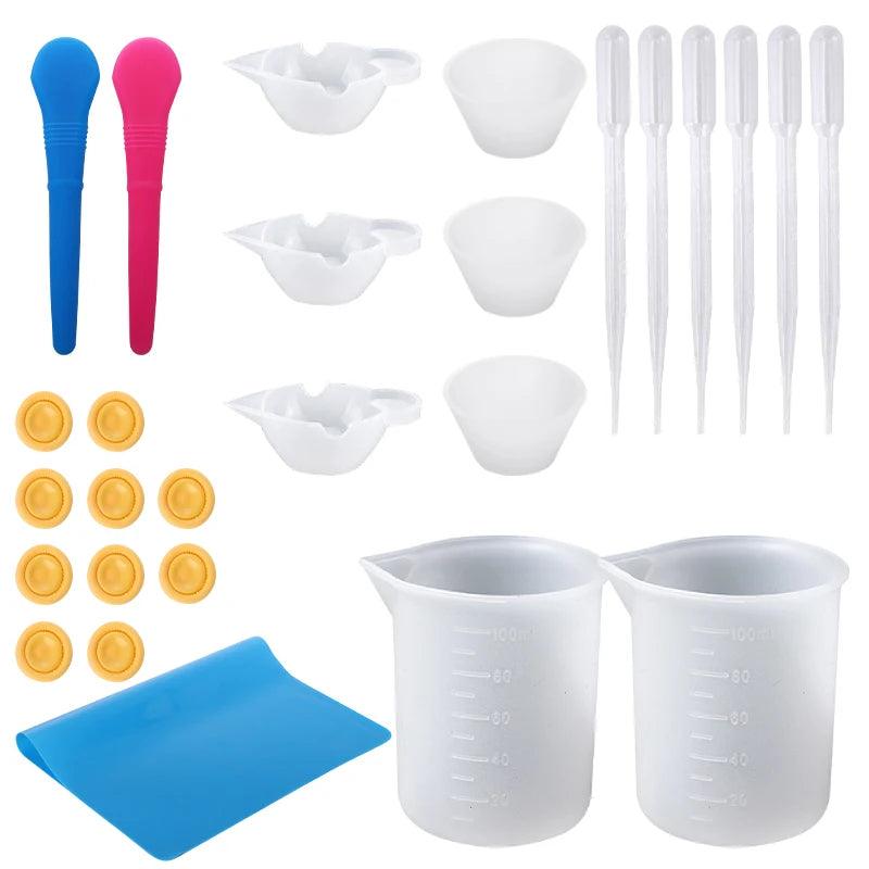 Easy Clean Silicone Resin Measuring Cups Tool Kit with Stir Sticks Pipettes Spatula Finger Cots for Epoxy Resin Mixing Supplies