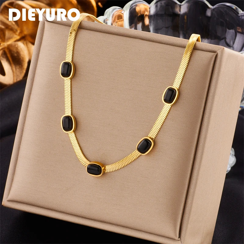 DIEYURO 316L Stainless Steel Oval Black Stone Necklace For Women New Trend Snake Chain Girls Chokers Jewelry Party Wedding Gifts