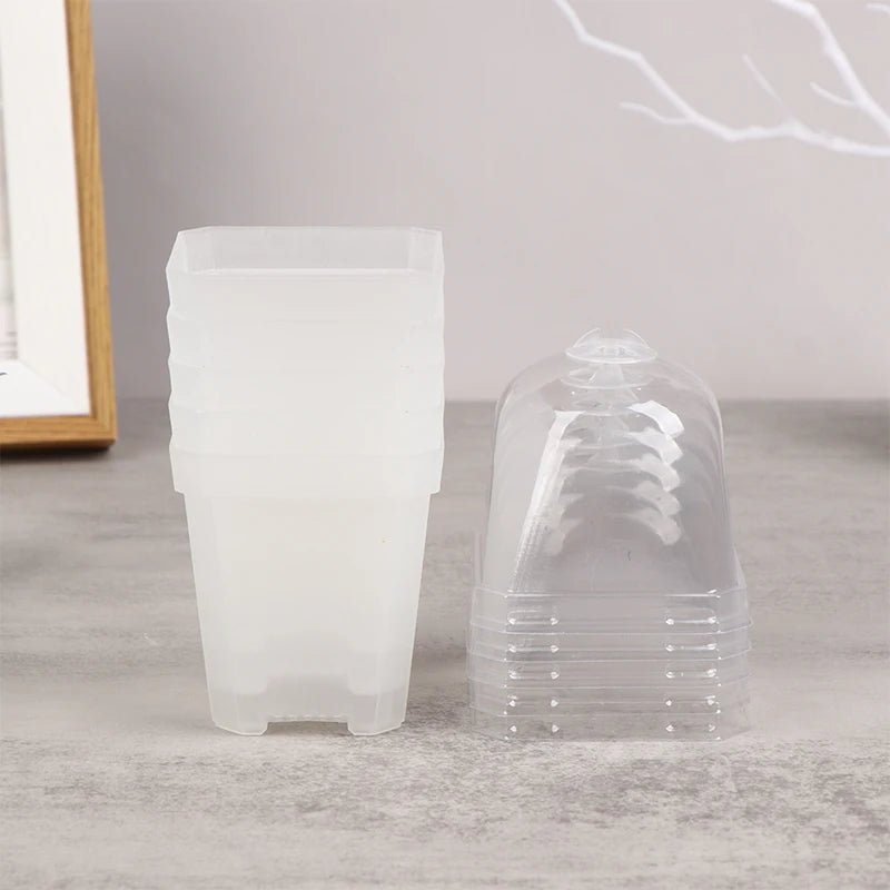 5Pcs Square Small Flower Pot Nursery Pot with Humidity Dome Transparent Gardening Pot Square Flower Starting Pots