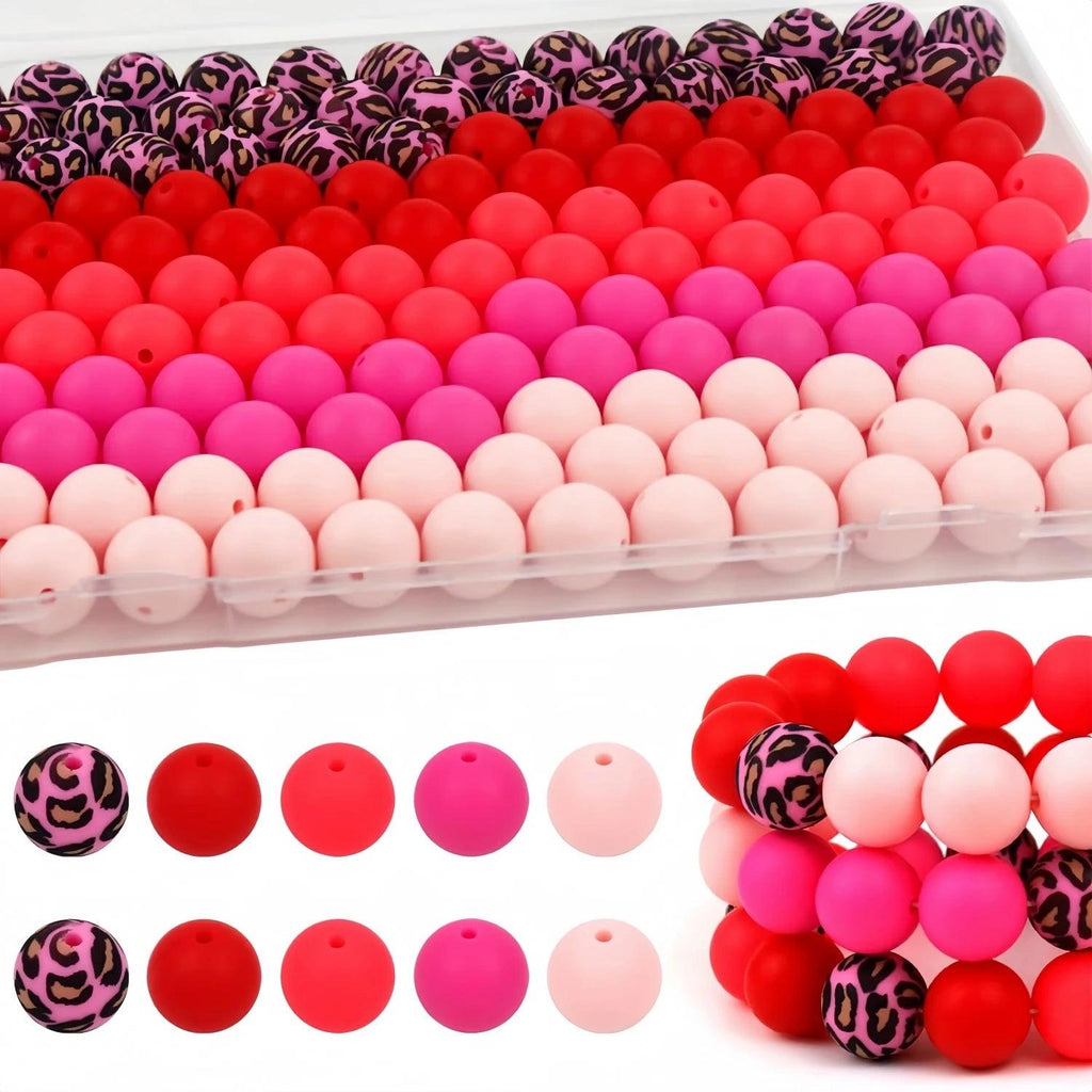 15mm Silicone Beads, Keychain Making Silicone Beads in Bulk, 65/90Pcs Round Rubber Printed Silicone Beads Bracelet Necklace Pen DIY Crafts Making Holiday Party Decoration Materials (Pink, Red)