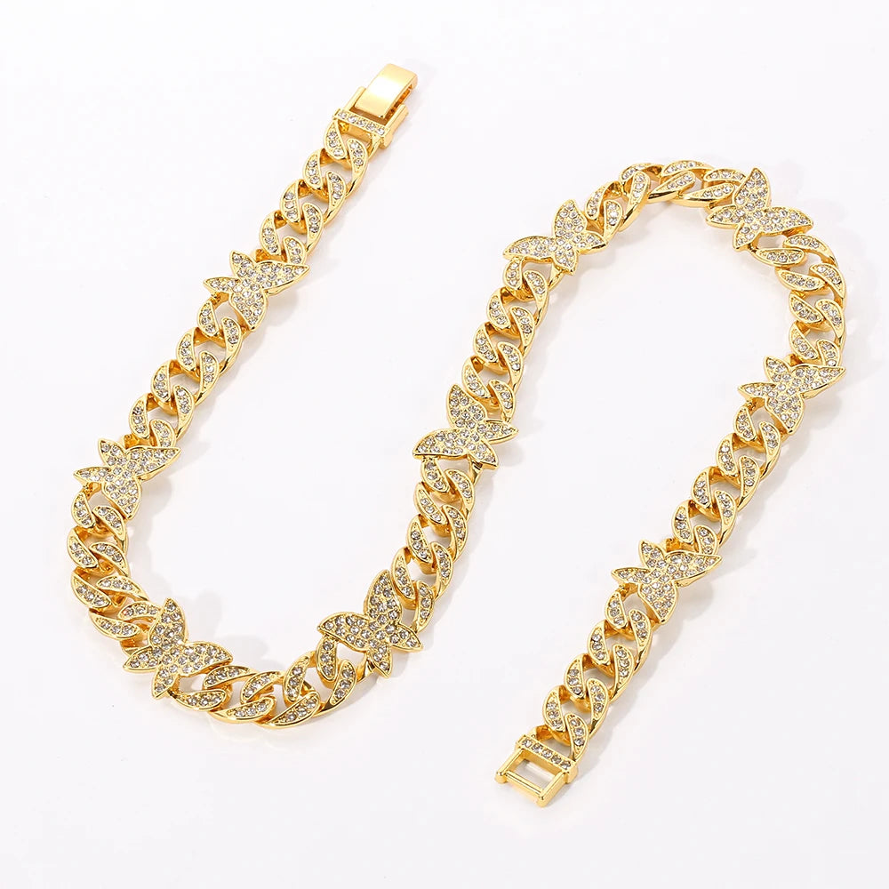 Hip Hop Iced Out Cuban Link Chain Butterfly Necklace for Women Gold Silver Color Miami Cuban Necklaces Jewelry