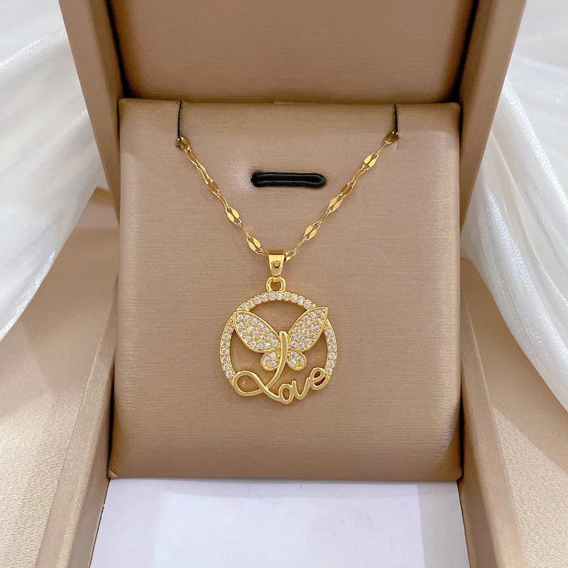 Trendy Heart Butterfly Stainless Steel Pendant Necklaces For Women Girls Mother Gold Color Metal Crystal Jewelry Party Birthday