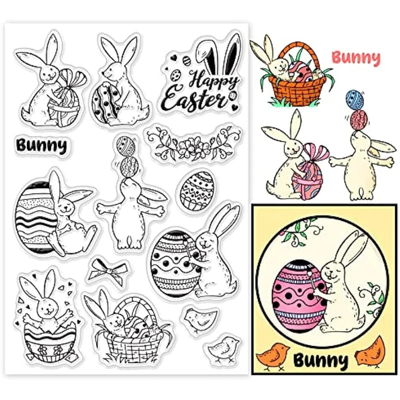 Rabbit Wreath Egg Silicone Stamps Bunny Transparent Seal Stamps Film Frame Clear Stamp Seal for Paper Invitation