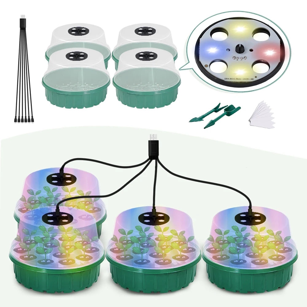 Round Seed Starter Tray with Full Spectrum LED Grow Lights 14-Cell Seedling Plant Growing Garden Propagator Humidity Vented Dome