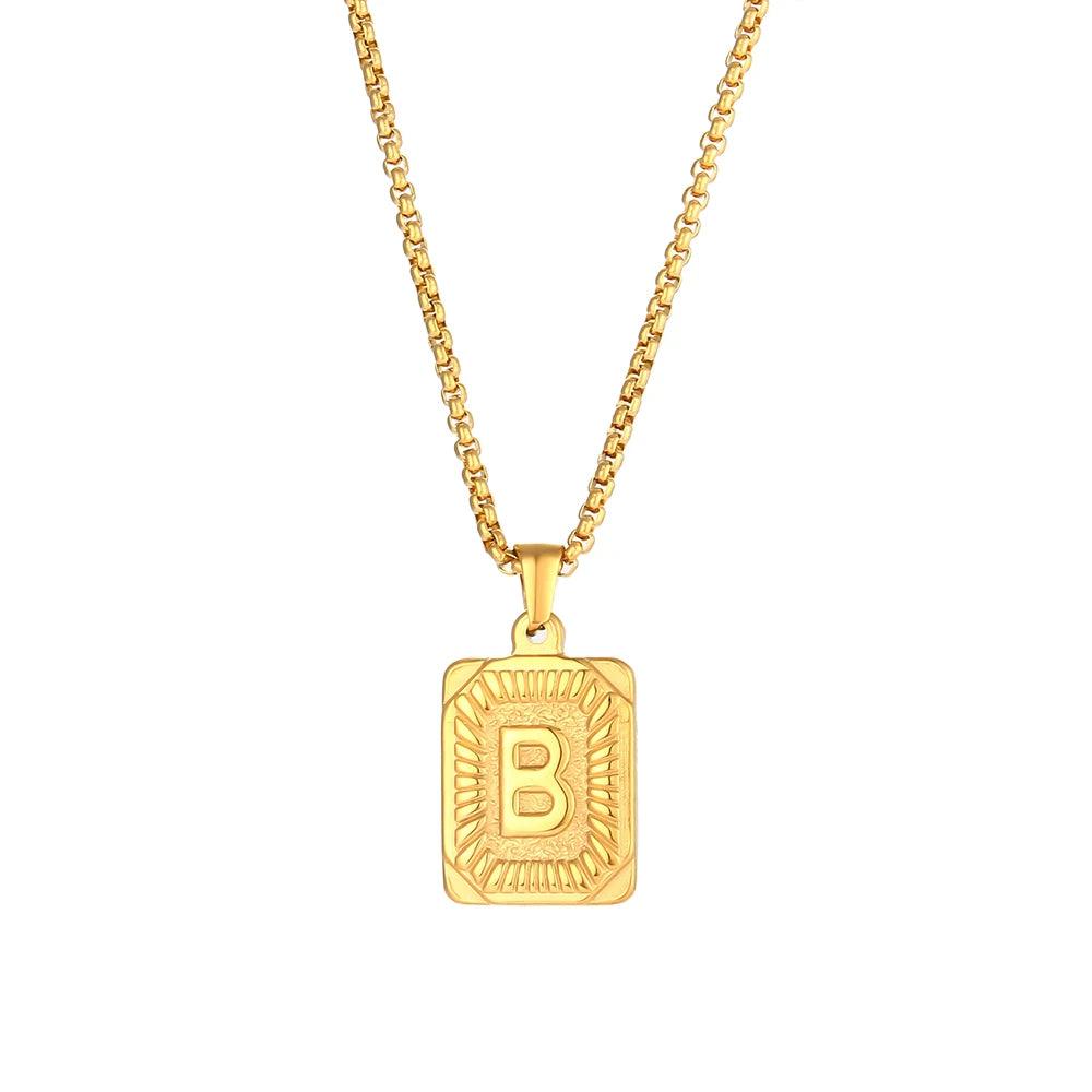 2023 New Stylish Square Pendant Necklace Men's Stainless Steel Gold Plated Letter Necklace Initial Necklace For Women
