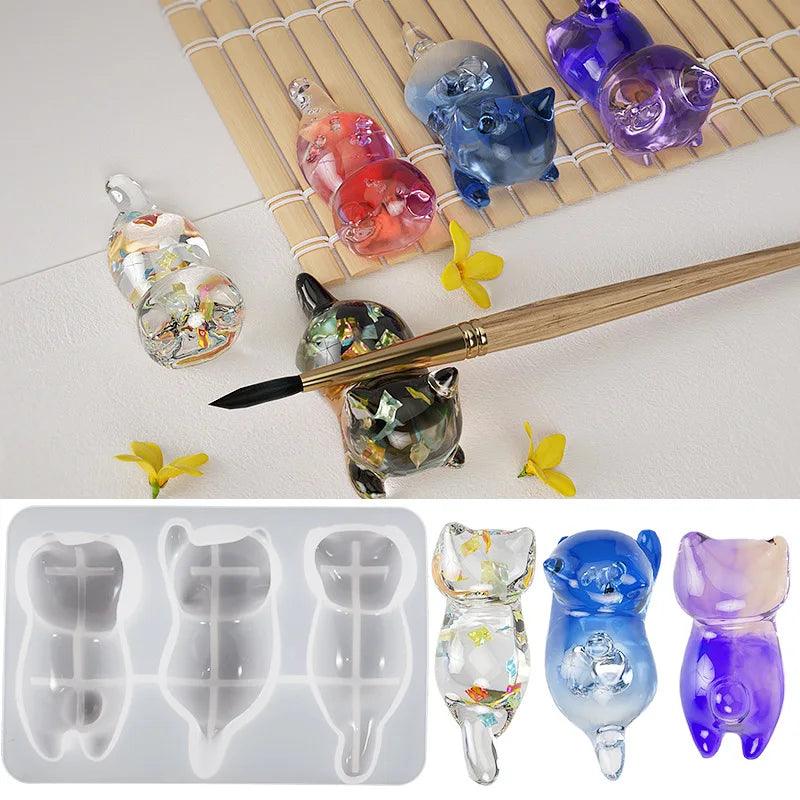 3D Cat Crystal Epoxy Resin Mold DIY Three-dimensional Lying Cat Back Keychain Pen Holder Silicone Mold