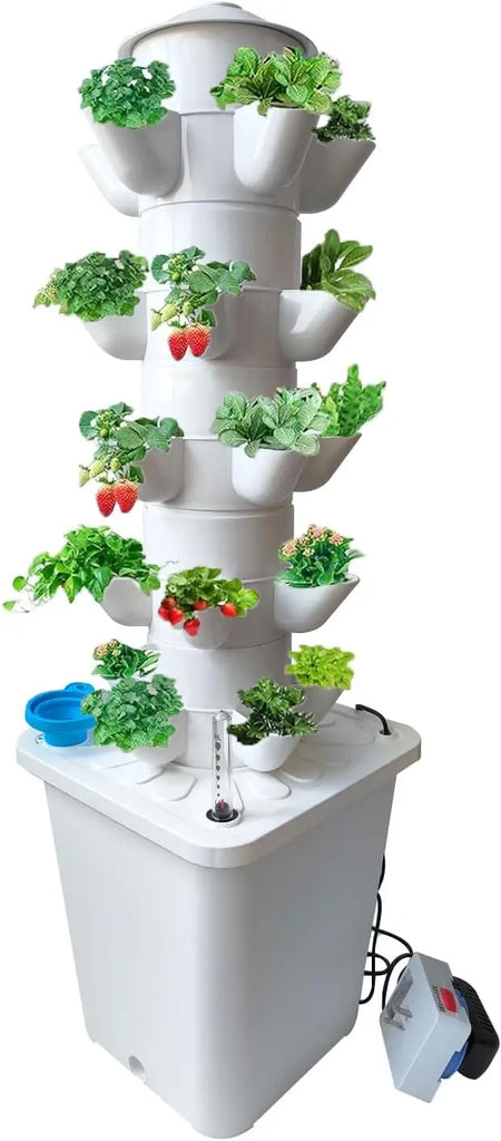 White Hydroponic Tower Garden Growing System Kit 5-Hole 5 Tiers 25 Plants with Timer Automatic Watering