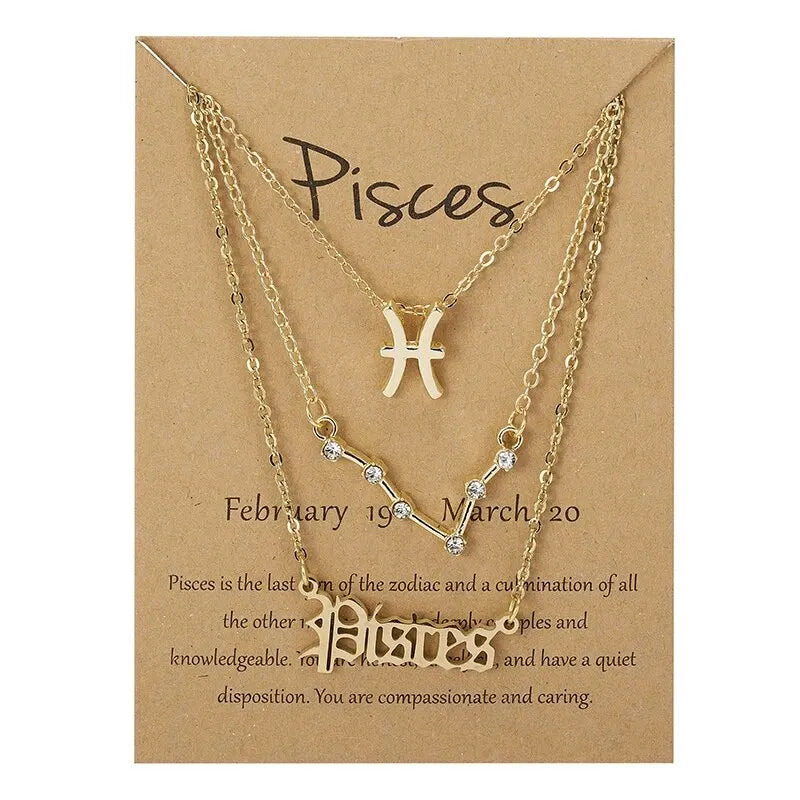 3Pcs 12 Zodiac Sign Necklace Set For Women Constellation Pendant Gold Silver Color Chain Female Birthday Jewelry With Cardboard