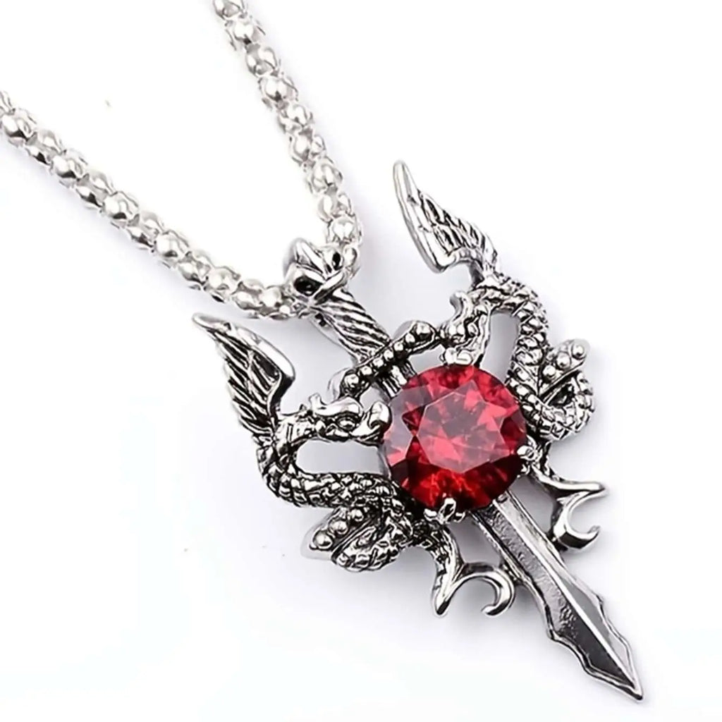 1 Gothic Style Women's Ancient Silver-color Evil Dragon Gem Pendant Necklace Personalized Fashion Street Sweater Chain Jewelry