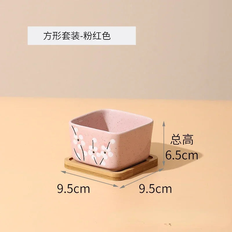 Flower Pot with Bamboo Tray Japanese Style Ceramic Lot Mini Cement Succulent   Bonsai Planter Garden Decor Office Home Plant