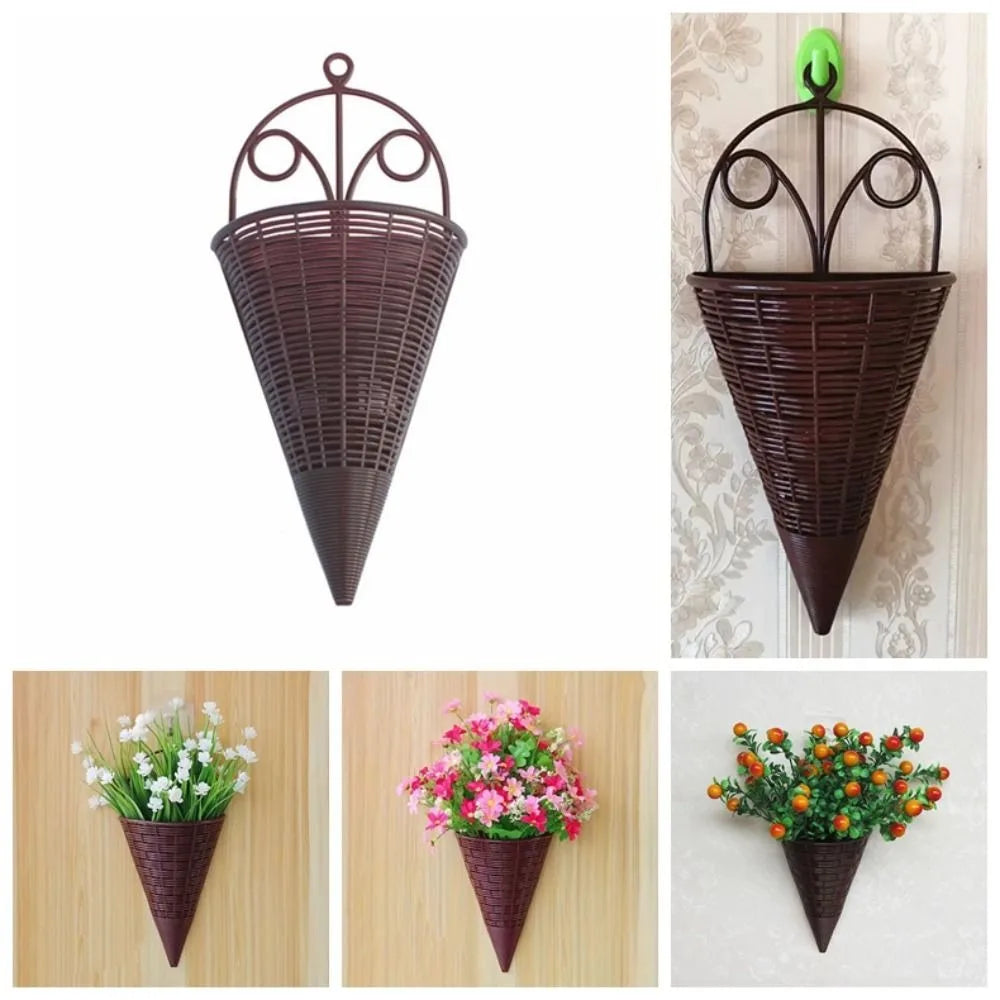 Home Decoration Hanging Flower Basket Plastic Durable Art Rattan Wall Hanging Fan-shaped Pattern Flower Arrangement Container