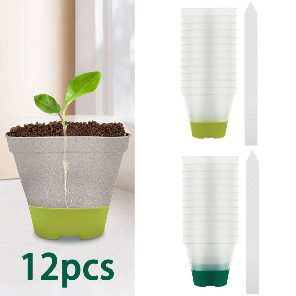 12Pcs Clear Nursery Pots with Humidity Dome and Silicone Base Stackable Transparent Plant Pot  with Drainage Hole and Labels