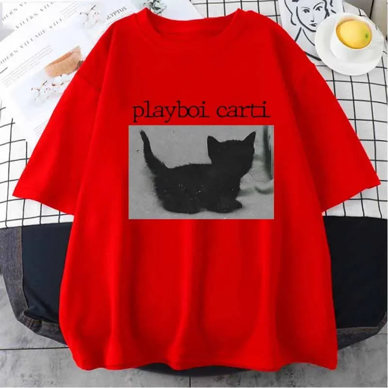 Summer Playboi Carti Oversized Hip Hop T Shirt Cute Cat Harajuku Print Men's Jogging Tee