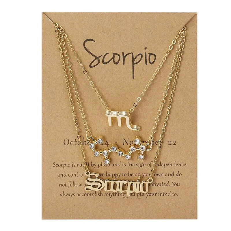 3Pcs 12 Zodiac Sign Necklace Set For Women Constellation Pendant Gold Silver Color Chain Female Birthday Jewelry With Cardboard