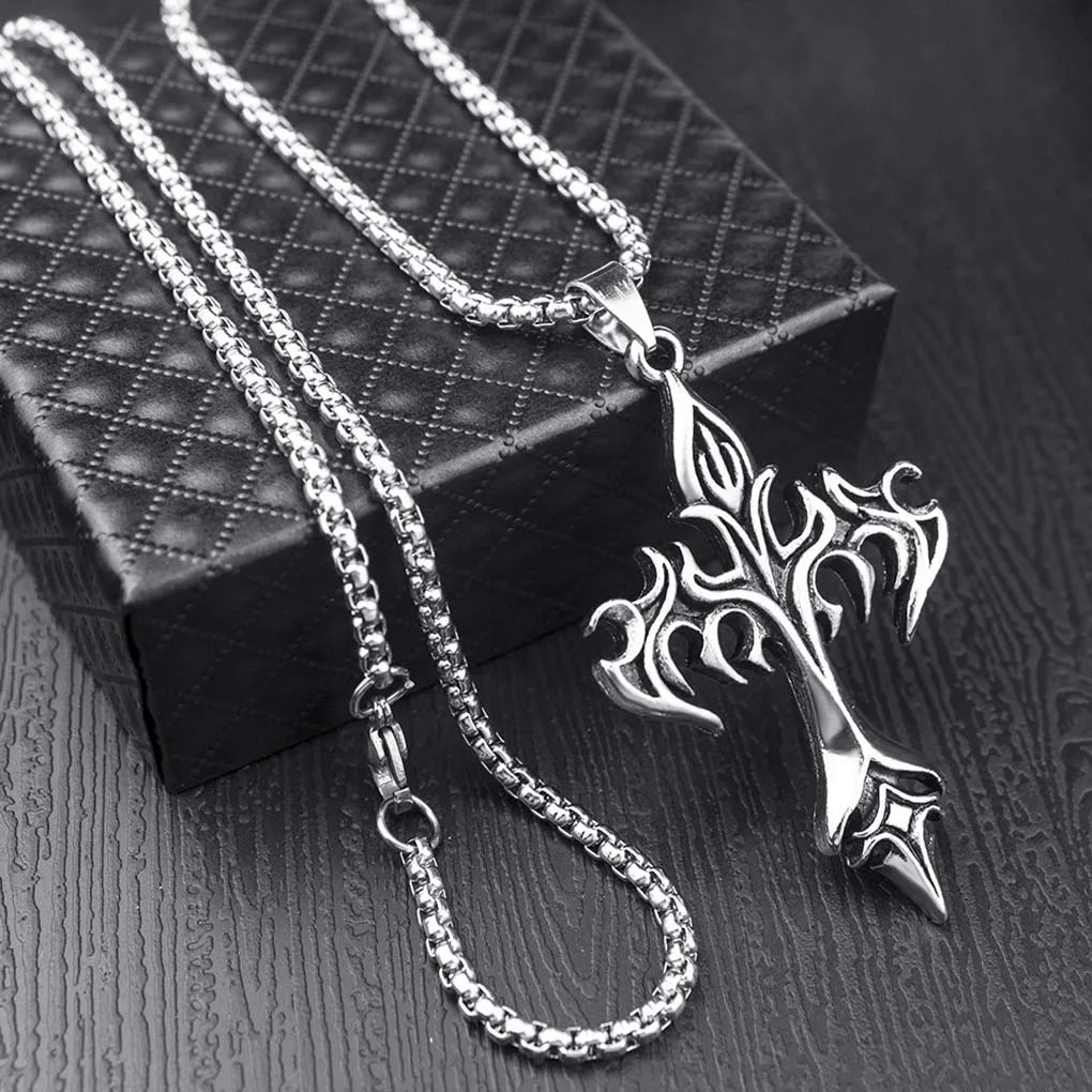 Stainless Steel Necklace Flame Retro Cross Titanium Steel Casting Men Pendant Necklace Type Stainless Steel Necklace Flame Retro