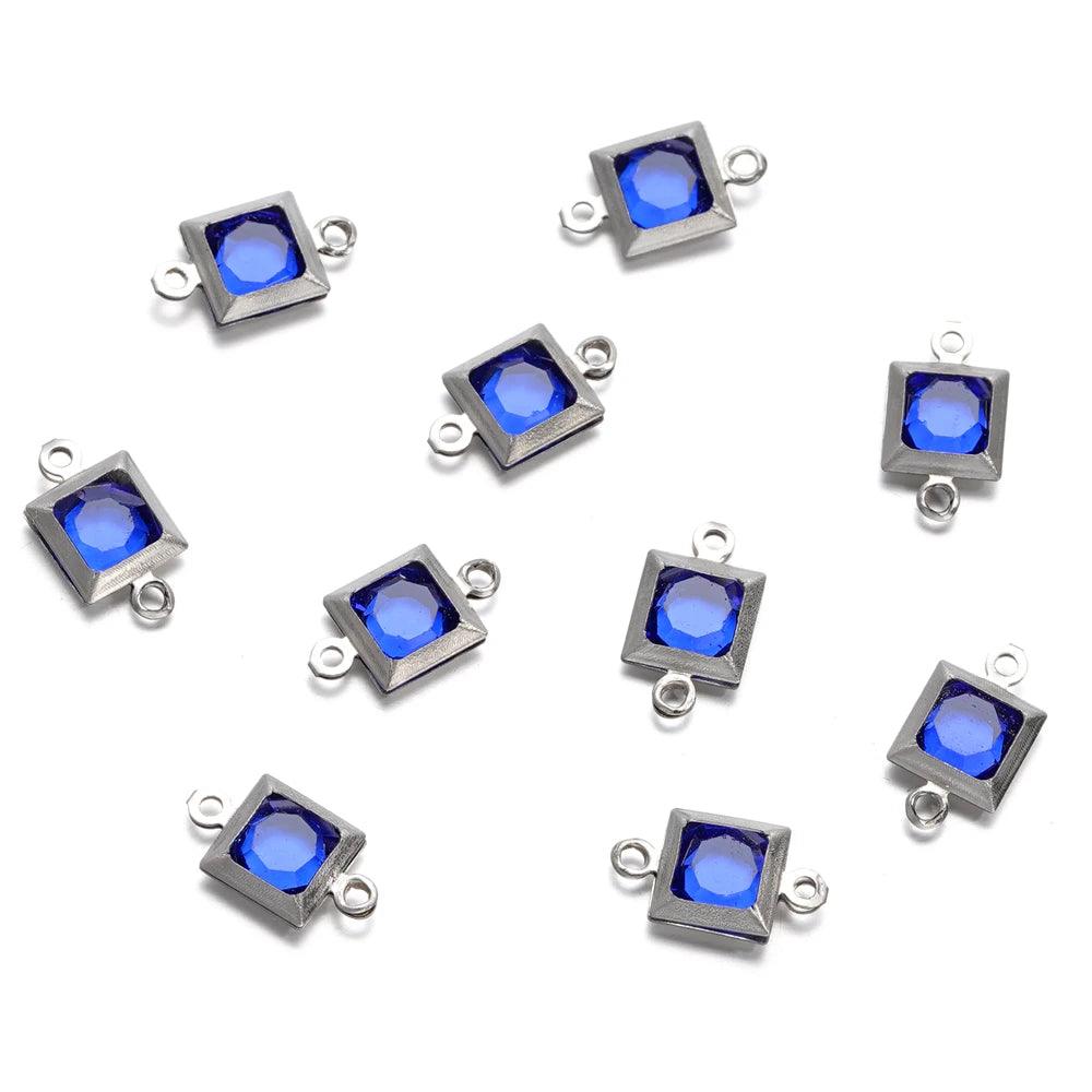 10pcs Stainless Steel Double Holes Square with Rhinestones Bracelet Necklace Pendant Connectors for DIY Jewelry Making Supplies