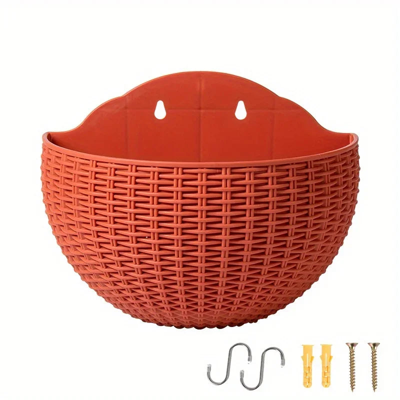 European Style Imitation Rattan Wall Hanging Half Round Flowerpot Planter Semicircular Wall Flower Pot Balcony Household Outdoor