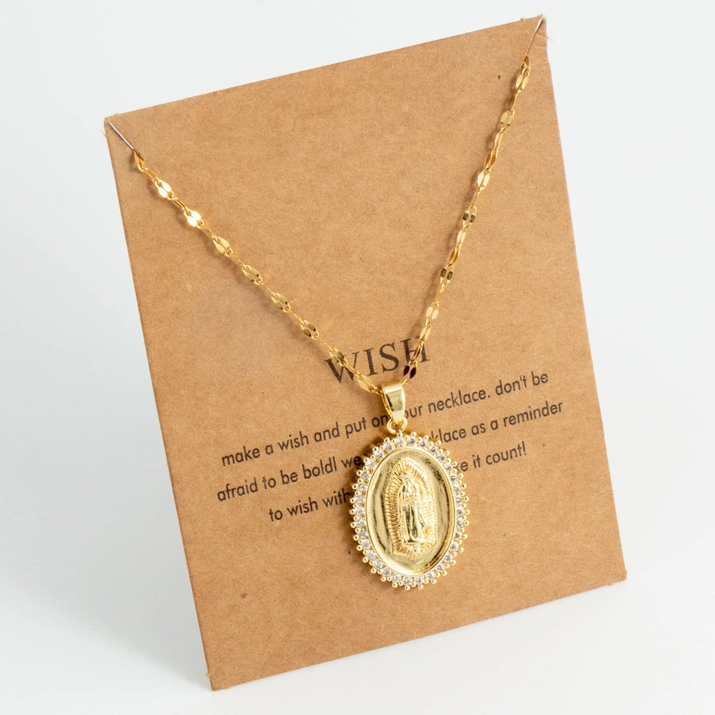 Oval round plaque inlaid with zircon religious pendant for women's party stainless steel Virgin Mary jewelry gift necklace
