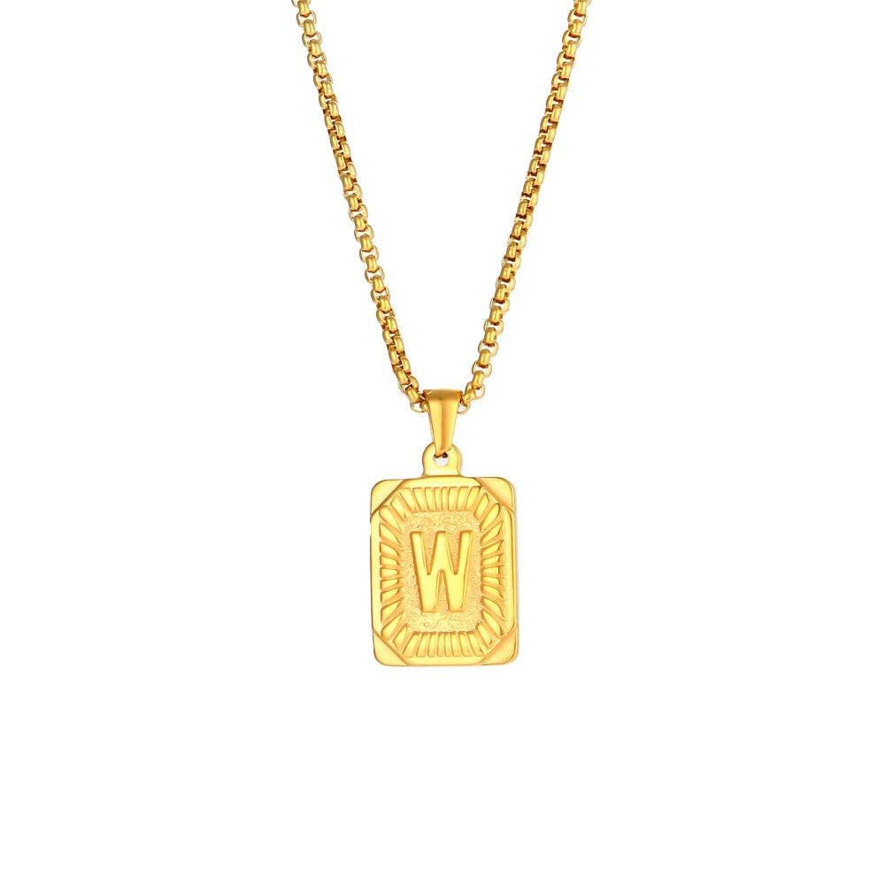 2023 New Stylish Square Pendant Necklace Men's Stainless Steel Gold Plated Letter Necklace Initial Necklace For Women