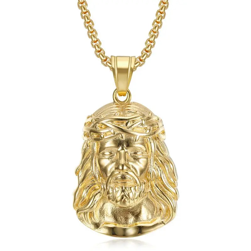 Stainless Steel Titanium Hip Hop God Jesus Human Head Luxury Gold Plated Pendant Collar Chains Necklace for Men Women Jewelry