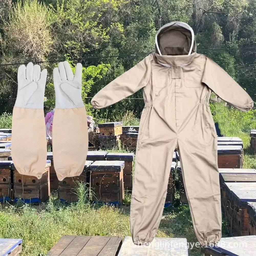 Beekeeping Equipment Thickened Apricot Space Suit One-piece Split Bee Suit White Space Suit and Sheepskin Gloves Set