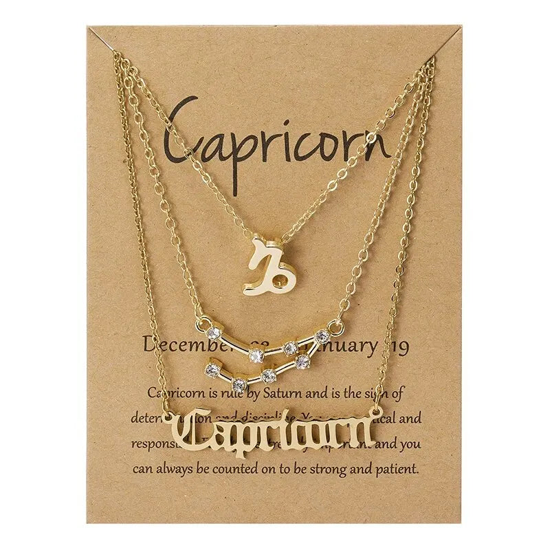 3Pcs 12 Zodiac Sign Necklace Set For Women Constellation Pendant Gold Silver Color Chain Female Birthday Jewelry With Cardboard