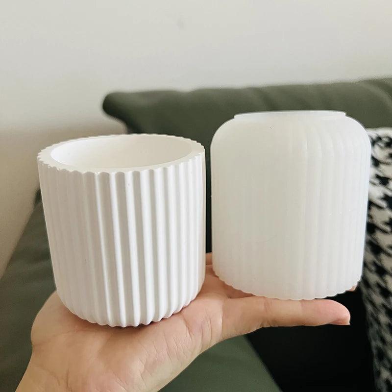 Simple Striped Succulent Flower Pot Cement Mold Concrete Candle Vessel Mold Aroma Plaster Cup Round Pen Holder Silicone Mold