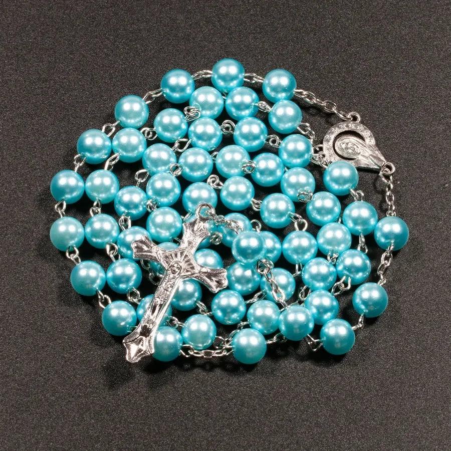 Religion Faux Pearl Rosary Necklace For Women Virgin Mary Jesus Cross Pendant Long Beads Chain Men Christian Fashion Jewelry