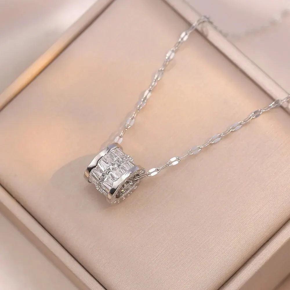 Trendy Stainless Steel Double Layer Necklace for Women Fashion Crystal Bead Pendant Necklaces Clavicle Chain Party Jewelry