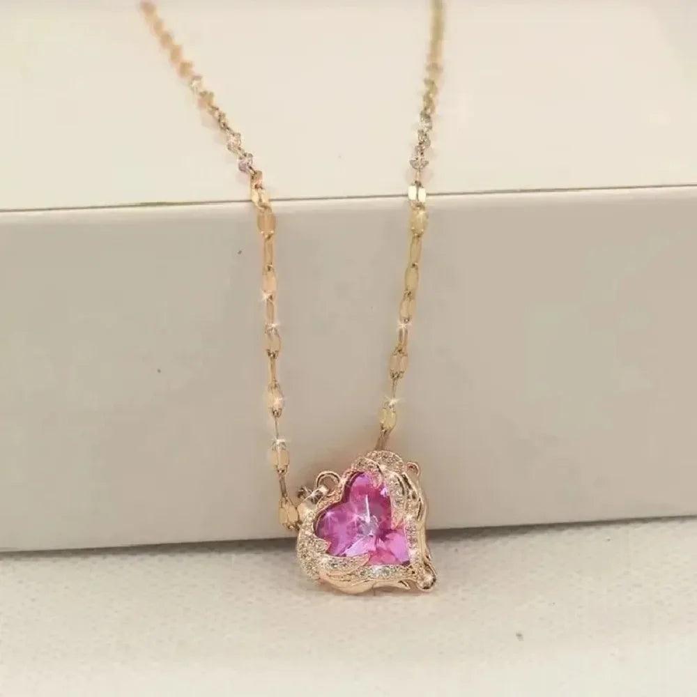 1 Pcs Romantic Couple Glass Encrusted Bronze Zircon Ocean Heart Pendant Combination Of Titanium Steel Chain