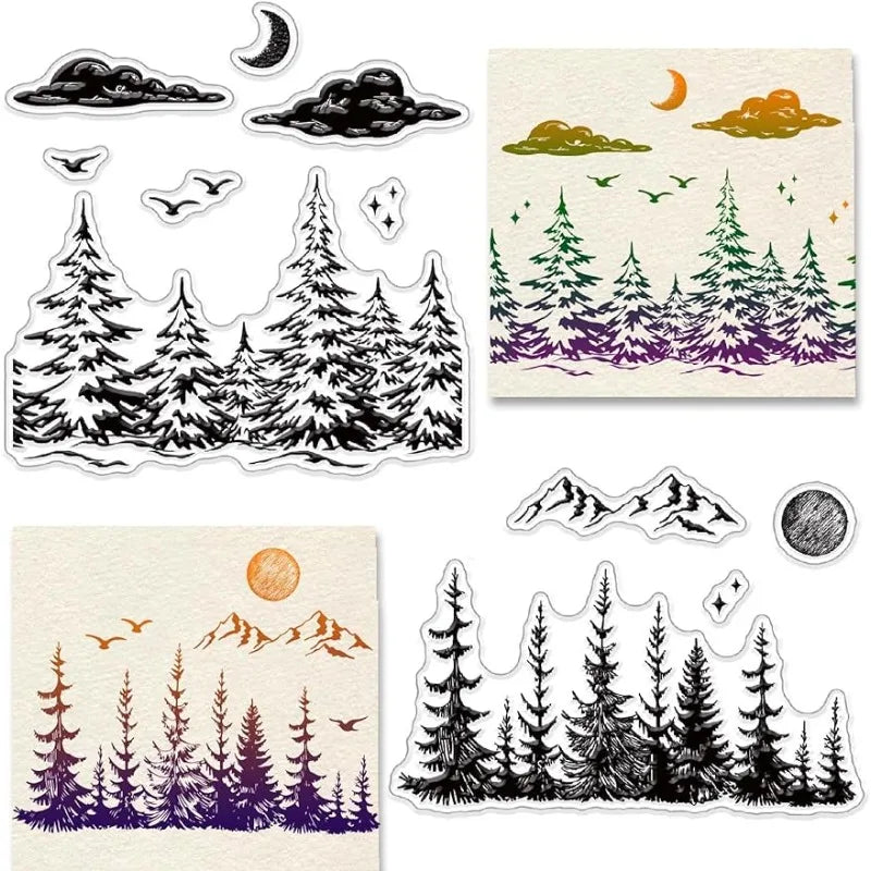 1pc Forest Clear Stamps Forest Sun Moon Cloud Trees Transparent Silicone Stamp Rubber Stamp for Scrapbooking4.3 x 6.3 x 0.1 Inch