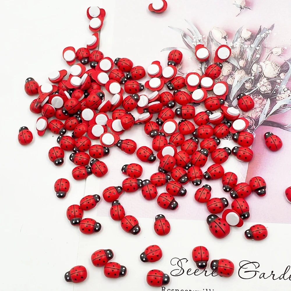 100pcs Wooden Mini Ladybugs Stickers, 8x11mm Self Adhesive Red Painted DIY Craft Scrapbooking Home Garden  Party Decoration