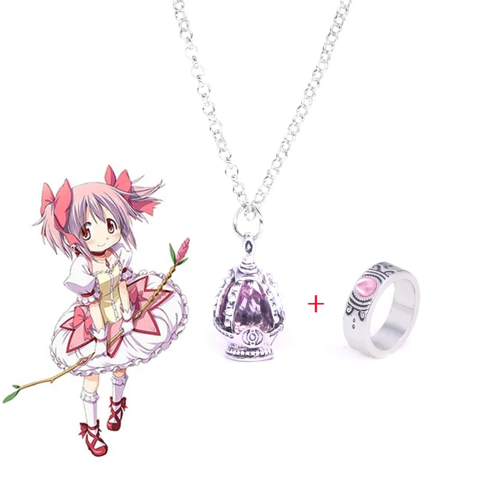 Anime Puella Magi Madoka Magica Soul Gem Necklace Kaname Madoka Miki Sayaka Tomoe Mami Cospaly Necklace Ring Set Jewelry Gifts