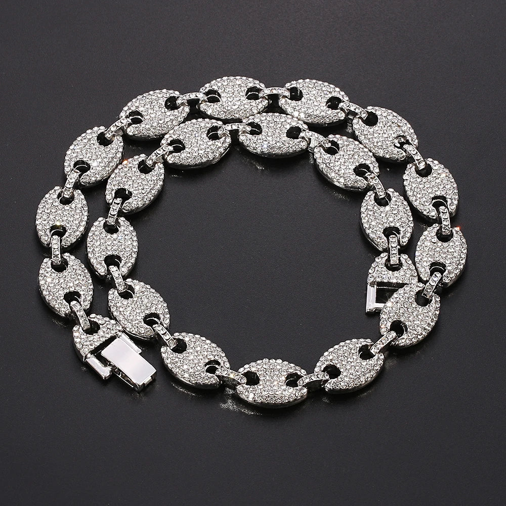 Men Coffee Bean Cuban Chain Necklace Gold Silver Color Full Rhinestone Pig Nose Necklaces Hip Hop Jewelry