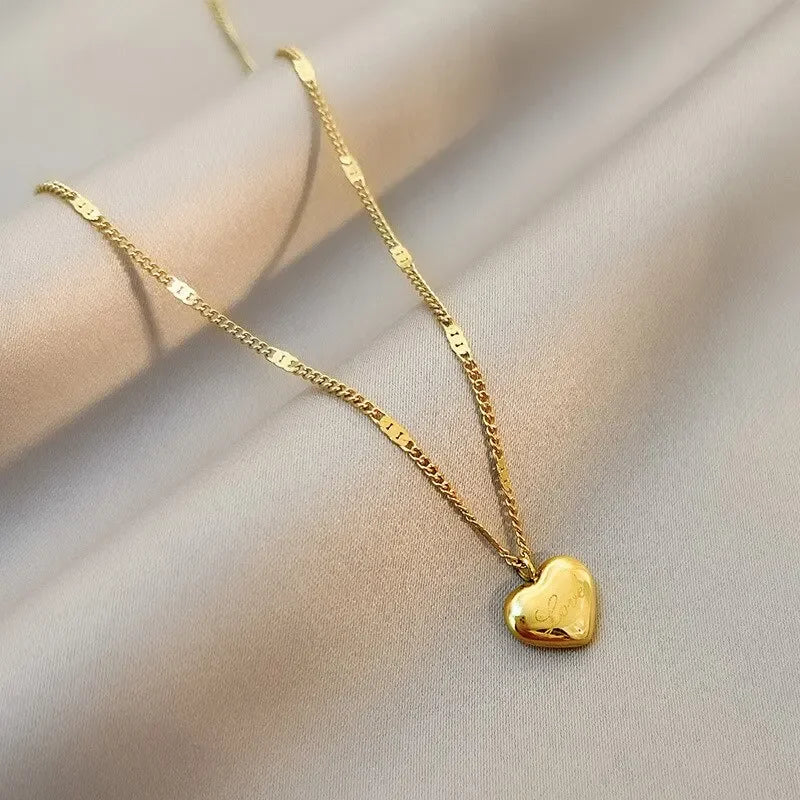 EILIECK 316L Stainless Steel Gold Color Peach Heart Engraved Love  Necklace For Women Fashion Collarbone Chain Holiday Gifts